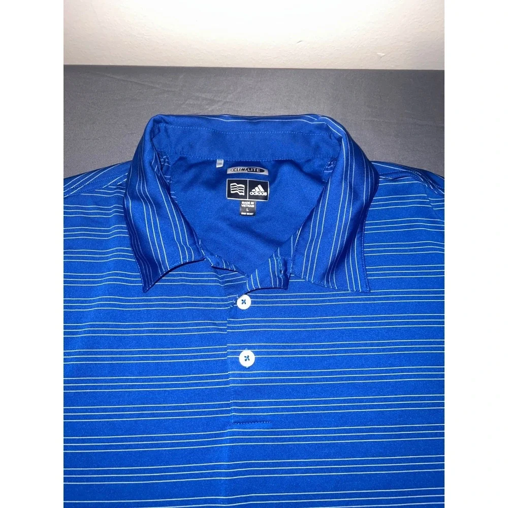 Adidas Polo Shirt Mens Large Blue Excellent Climalite Striped Short Sleeve Golf